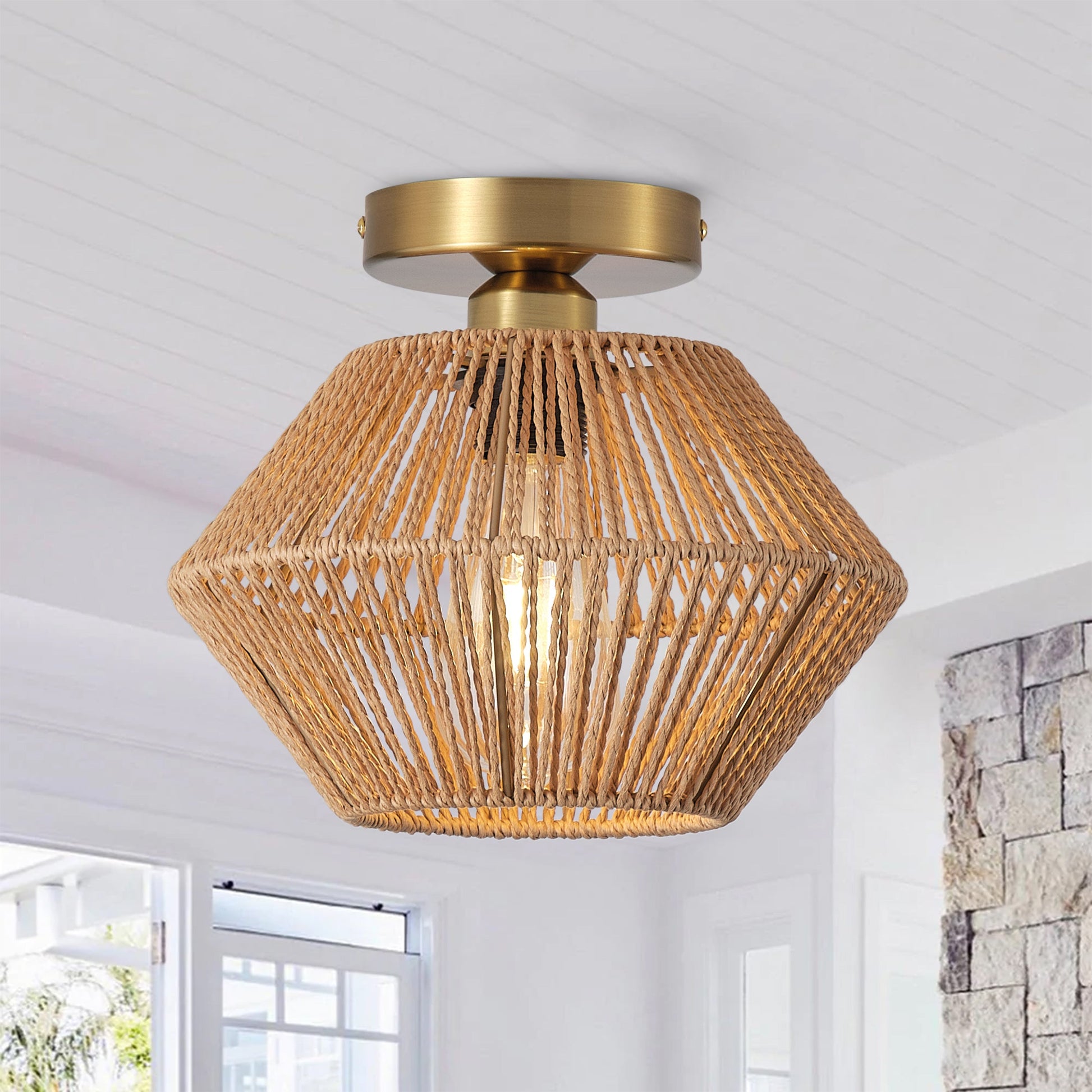 1-Light Paper String Openwork Design Semi-Flush Mount Lighting