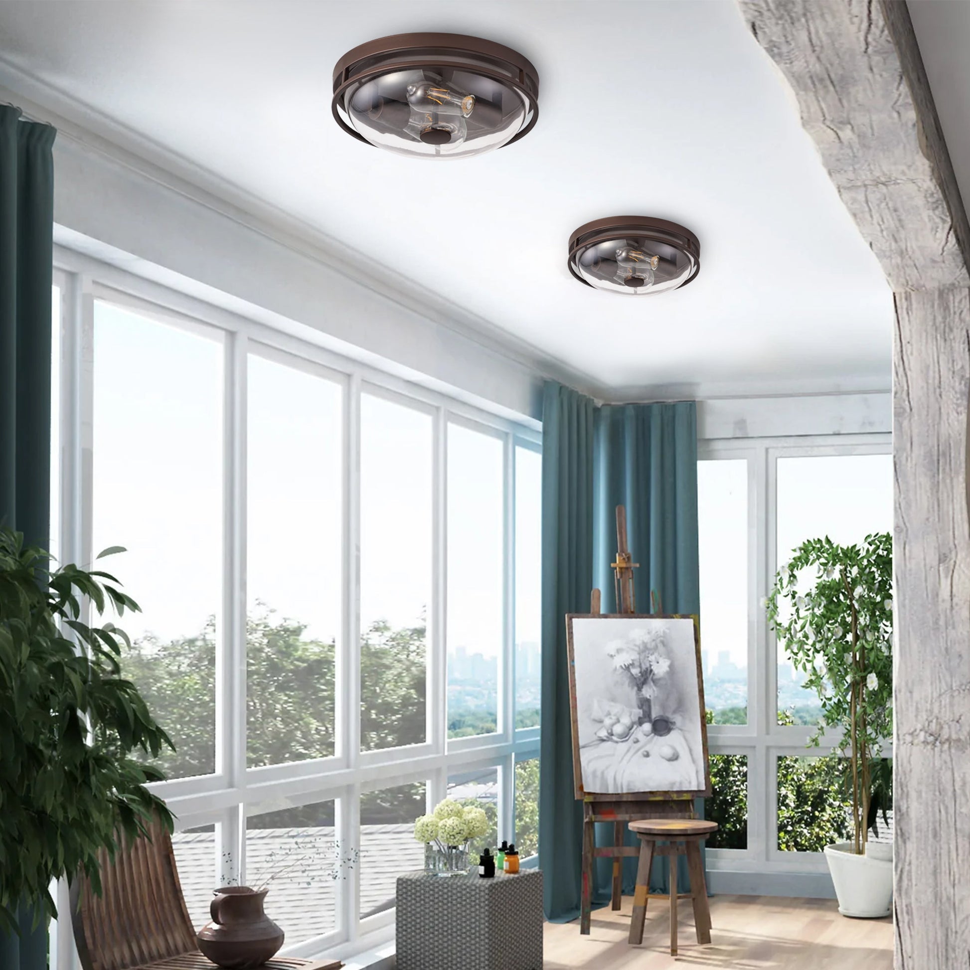 2-Lights Farmhouse Round Shape Brown Flush Mount Lighting