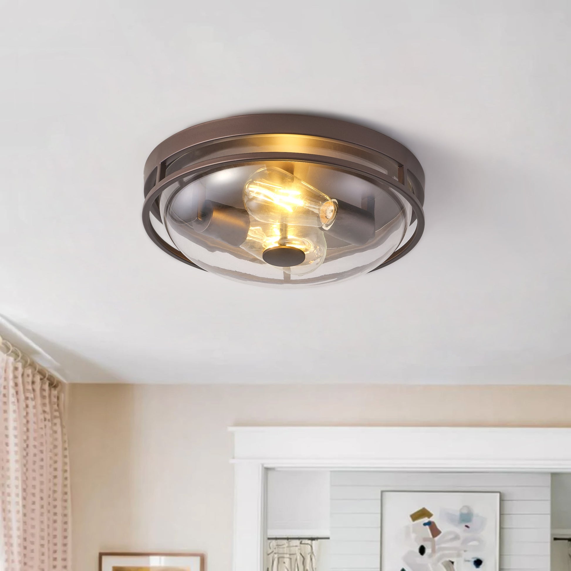 2-Lights Farmhouse Round Shape Brown Flush Mount Lighting