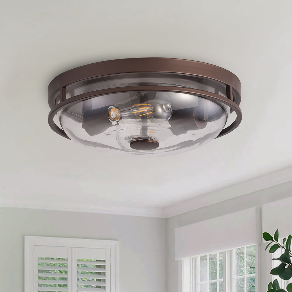 2-Lights Farmhouse Round Shape Brown Flush Mount Lighting